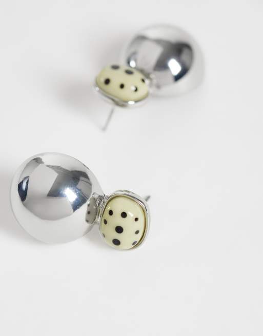 ASOS DESIGN pendientes de botón de doble caída con piedra dálmata sintética en tono plateado, 3 de 4