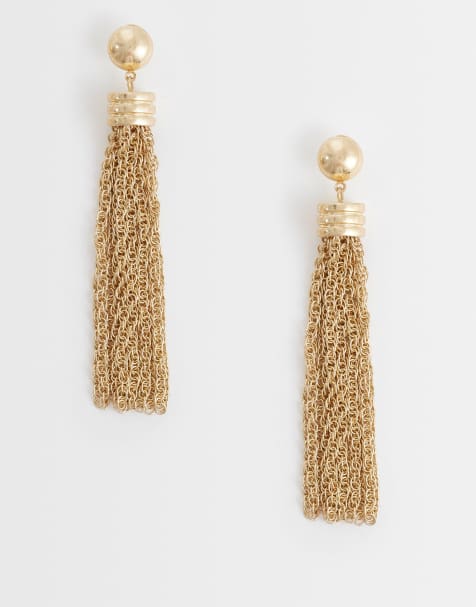 ASOS DESIGN - Pendientes de botón dorado cepillado con diseño de borlas de cadena - view 1