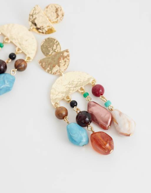 ASOS DESIGN - Pendientes de botón largos dorado cepillado con detalle de cuentas de resina, 4 de 4