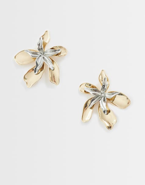 ASOS DESIGN - pendientes grandes con tachuelas y doble flor superpuesta en tono dorado y plateado - view 1