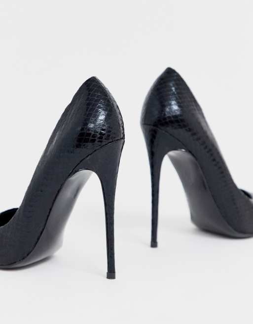 ASOS DESIGN Penelope stiletto court shoes in black snake, 2 of 4