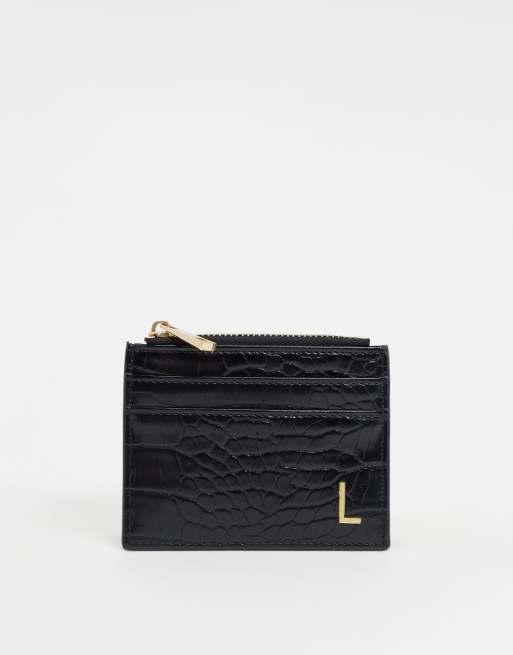 ASOS DESIGN - Pengepung & kortholder i sort krokodille-look med personaliseret 'L'