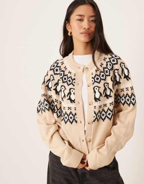 ASOS DESIGN penguin detail yoke cardigan in beige - view 1