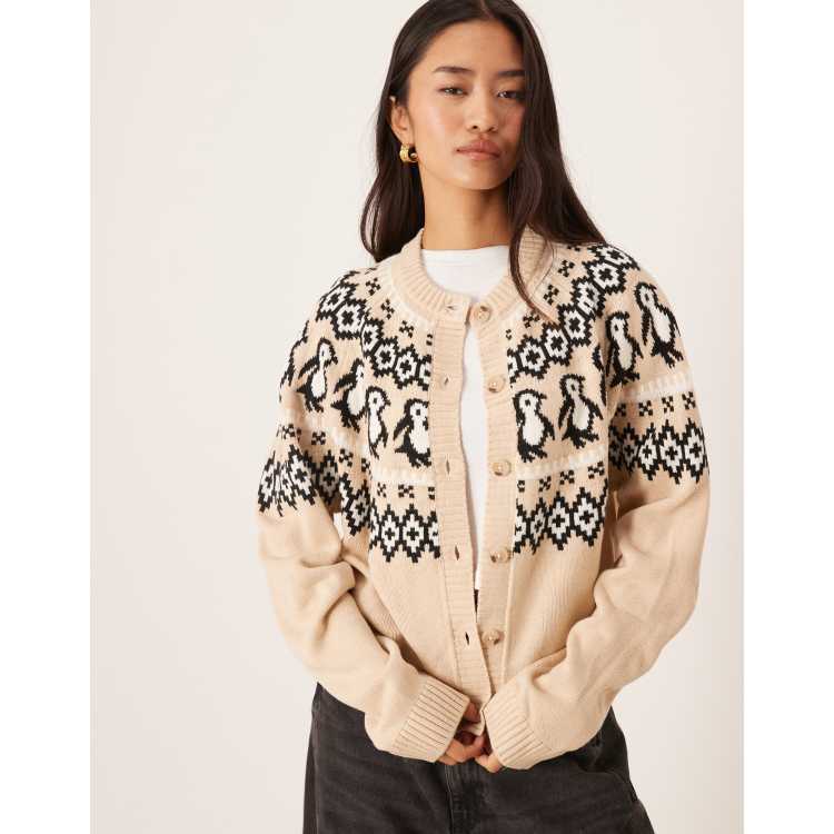 ASOS DESIGN penguin detail yoke cardigan in beige | ASOS