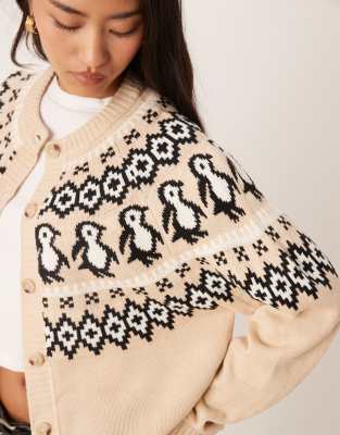Asos Design Penguin Detail Yoke Cardigan In Neutral