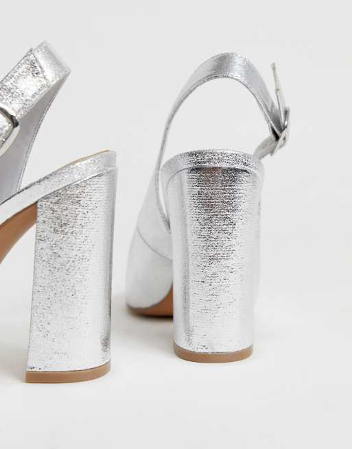 ASOS DESIGN Penley slingback high block heels in silver