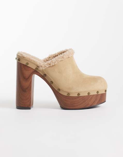 ASOS DESIGN Penny high heeled clog mules in sand suedette - view 1