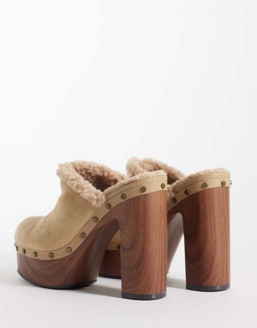 ASOS DESIGN Penny high heeled clog mules in sand suedette, 3 of 4