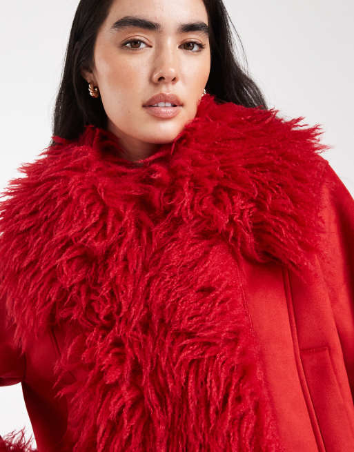 ASOS DESIGN - Penny Lane - Cappotto rosso con finiture in pelliccia sintetica, 2 di 4