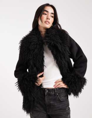 Asos Design Penny Lane Faux Fur Trim Coat In Black