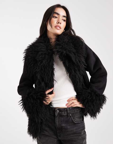 ASOS DESIGN penny lane faux fur trim coat in black - view 1