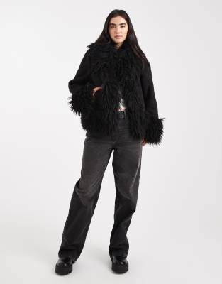 Asos Design Penny Lane Faux Fur Trim Coat In Black