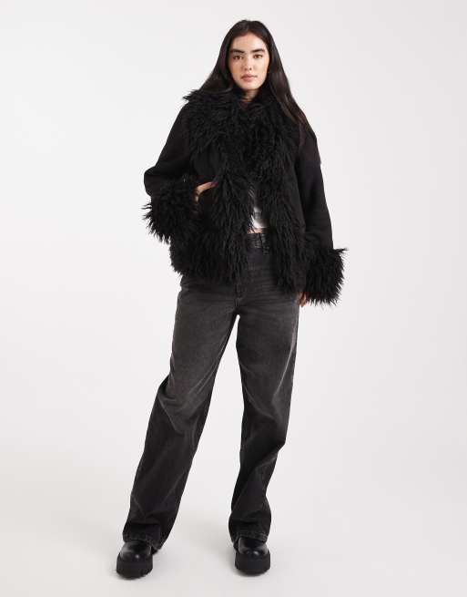 ASOS DESIGN penny lane faux fur trim coat in black