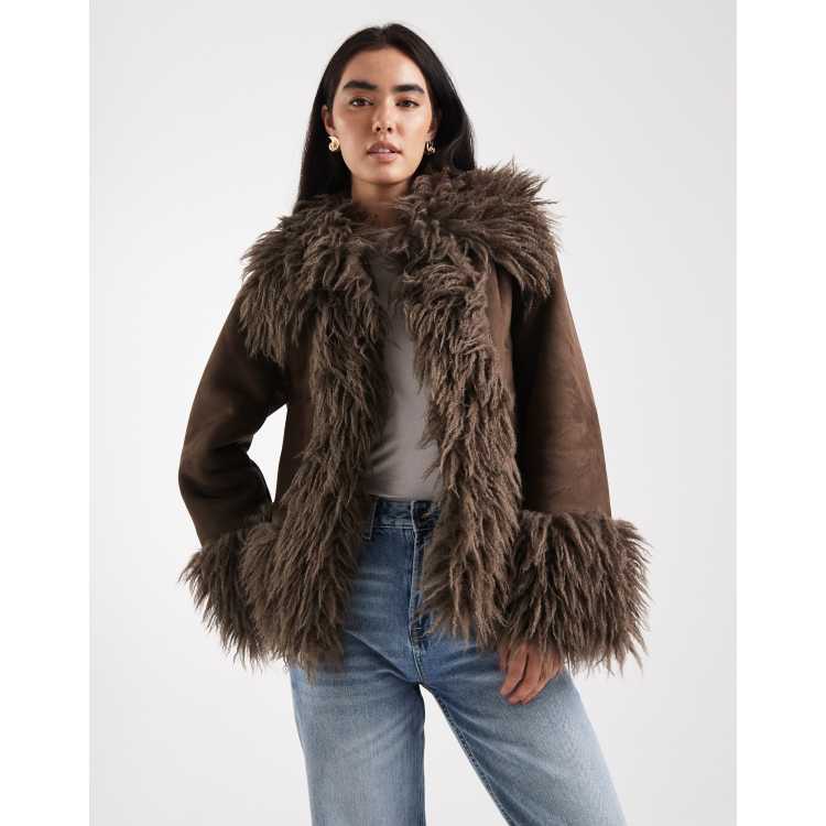 ASOS DESIGN penny lane faux fur trim coat in brown | ASOS