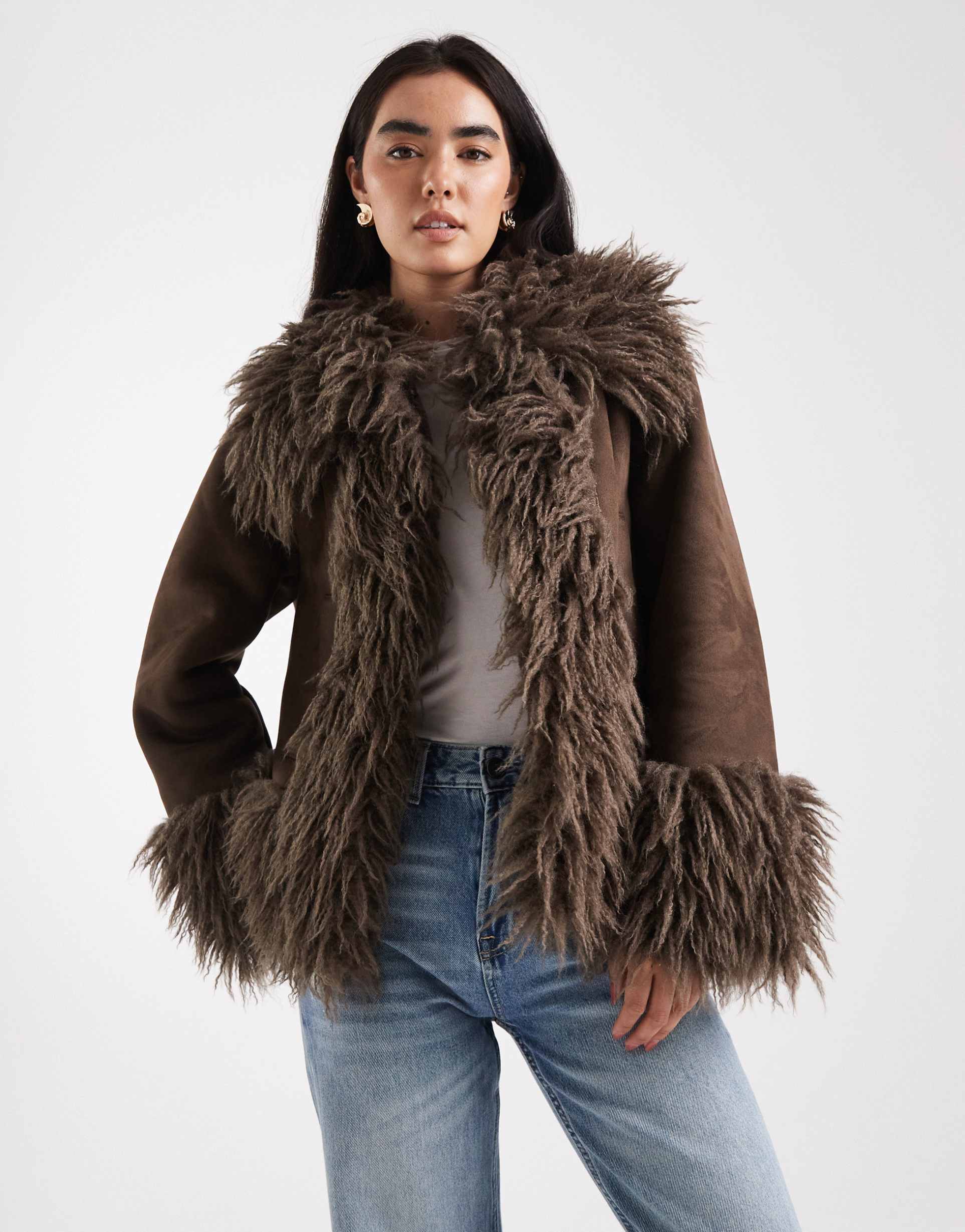 asos design penny lane faux fur trim coat in brown