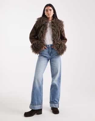 Asos Design Penny Lane Faux Fur Trim Coat In Brown