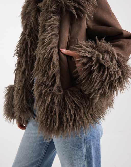 ASOS DESIGN penny lane faux fur trim coat in brown