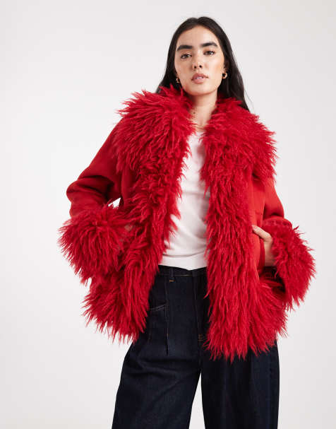 ASOS DESIGN penny lane faux fur trim coat in red - view 1