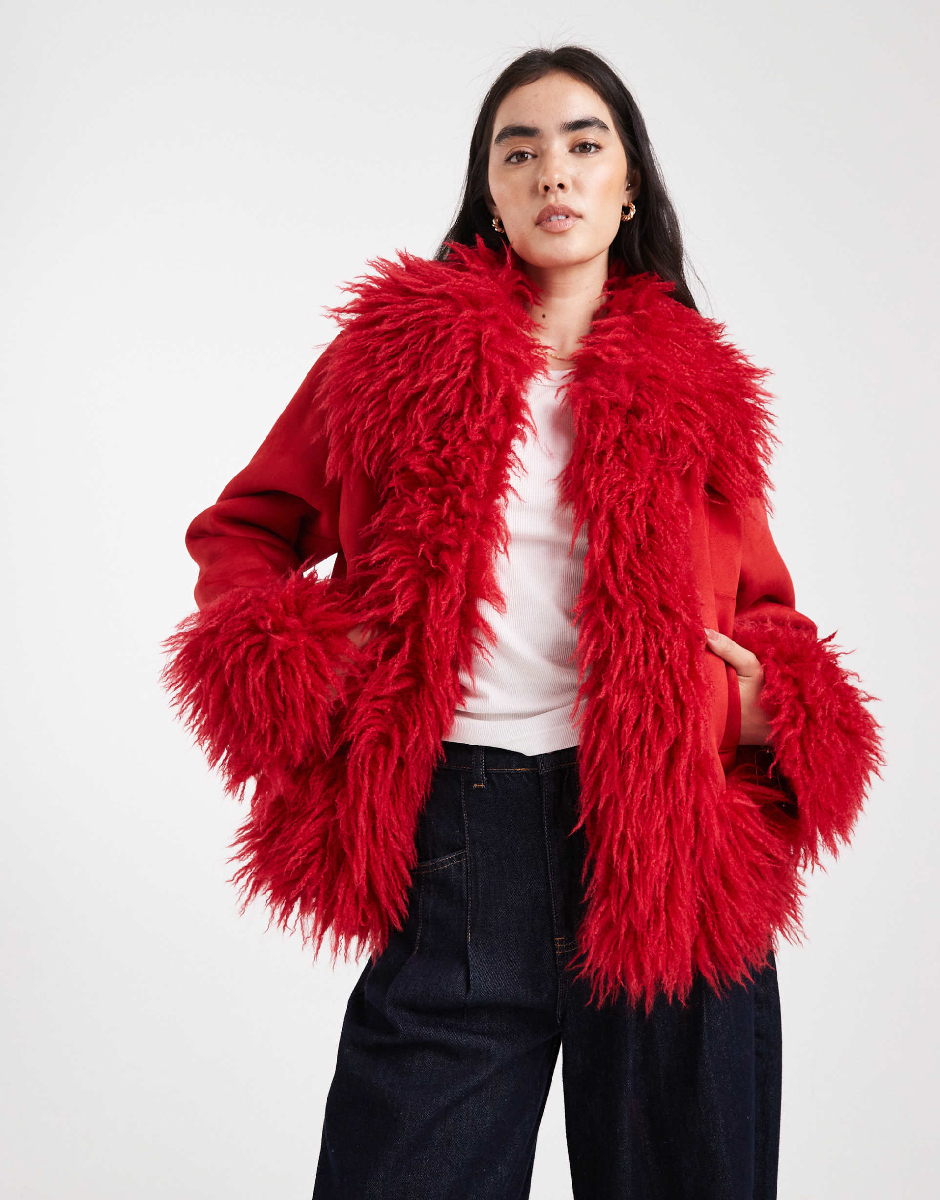 asos design penny lane faux fur trim coat in red