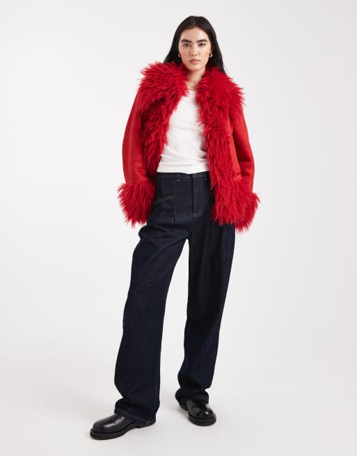 ASOS DESIGN penny lane faux fur trim coat in red
