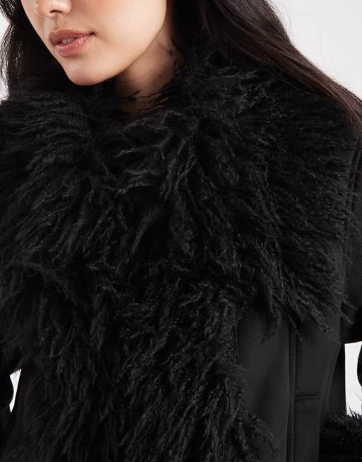 ASOS DESIGN - Penny Lane - Sort frakke med kanter i imiteret pels, 3 af 4