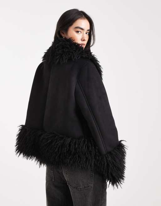 ASOS DESIGN - Penny Lane - Sort frakke med kanter i imiteret pels, 4 af 4