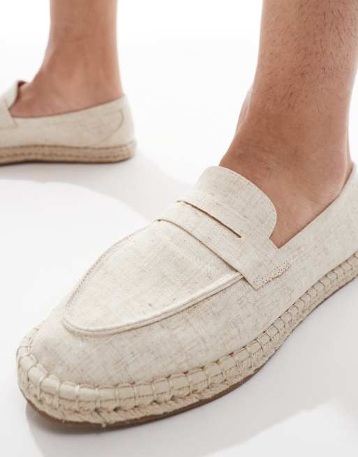ASOS DESIGN penny loafer espadrilles in beige linen look, 3 of 4