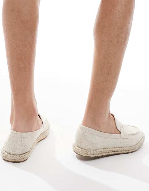 ASOS DESIGN penny loafer espadrilles in beige linen look