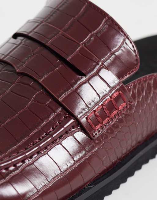 ASOS DESIGN penny loafer mules in burgundy croc, 5 of 5