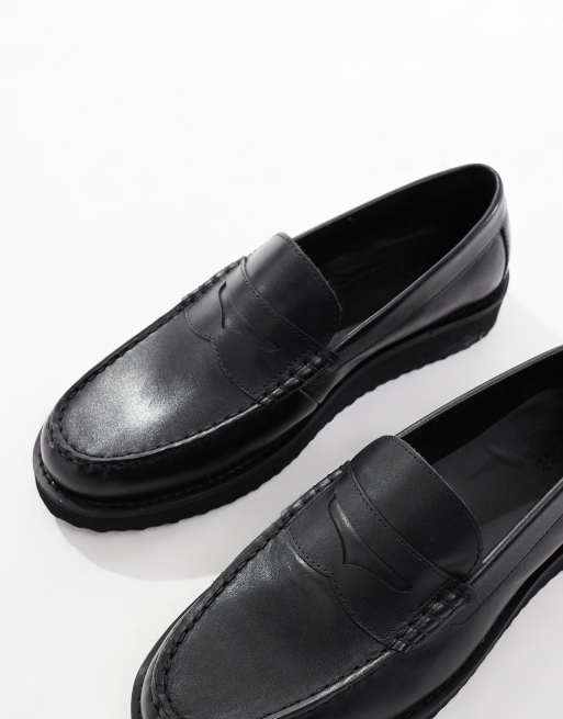 ASOS DESIGN penny loafers in black leather | ASOS display picture 1