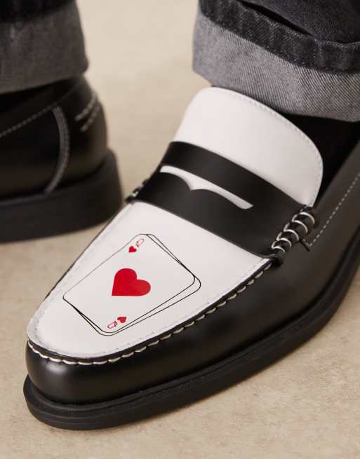 ASOS DESIGN penny loafers in black with cards print