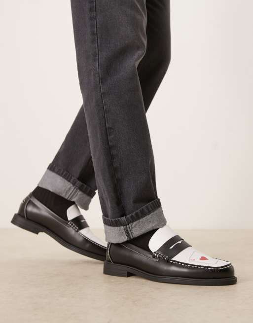 ASOS DESIGN penny loafers in black with cards print
