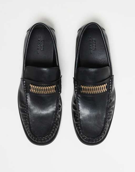 ASOS DESIGN penny loafers in black with gold color hardware