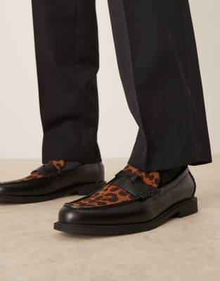 penny loafers in black with leopard print