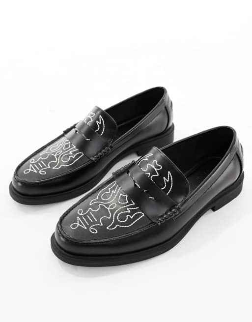 ASOS DESIGN penny loafers in black with western detailing