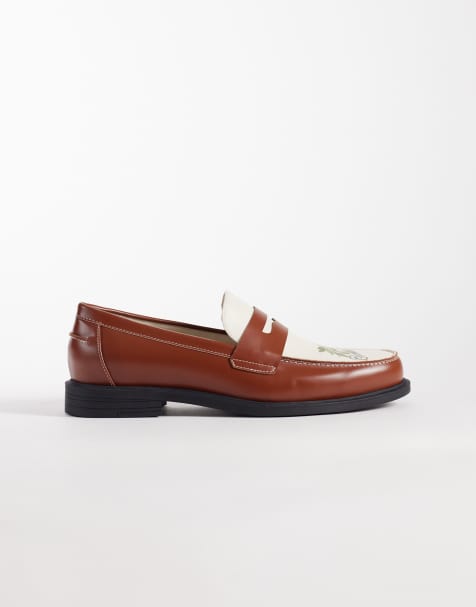 ASOS DESIGN penny loafers in brown and cream with olive graphic - view 1