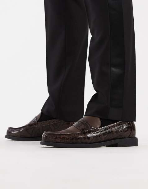 ASOS DESIGN penny loafers in brown and faux snake - view 1