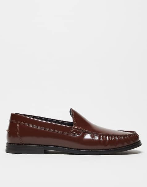 ASOS DESIGN penny loafers in brown leather with ruching - view 1