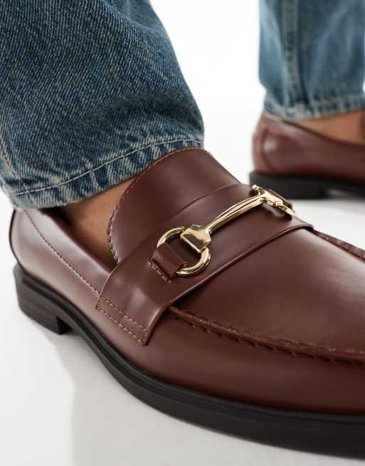 ASOS DESIGN penny loafers in brown with gold snaffle