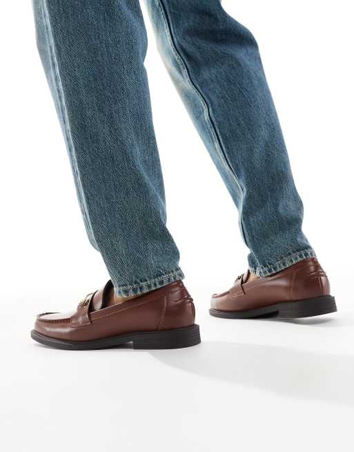 ASOS DESIGN penny loafers in brown with gold snaffle
