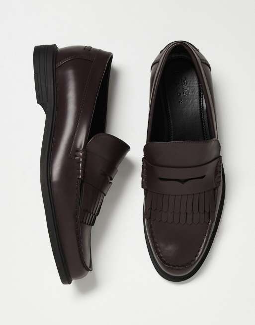 ASOS DESIGN penny loafers in burgundy with fringe detail, 3 of 4