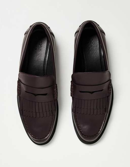ASOS DESIGN penny loafers in burgundy with fringe detail, 4 of 4