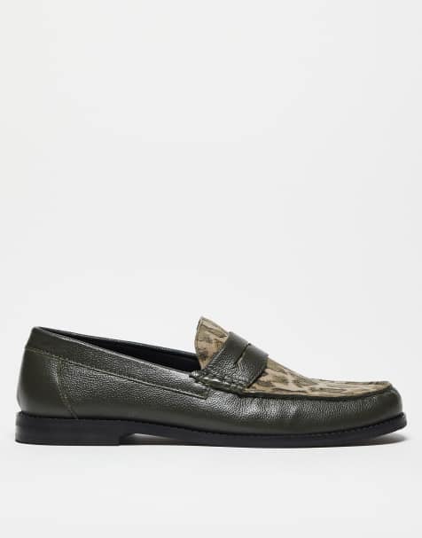 ASOS DESIGN penny loafers in khaki leather with faux snake print - view 1