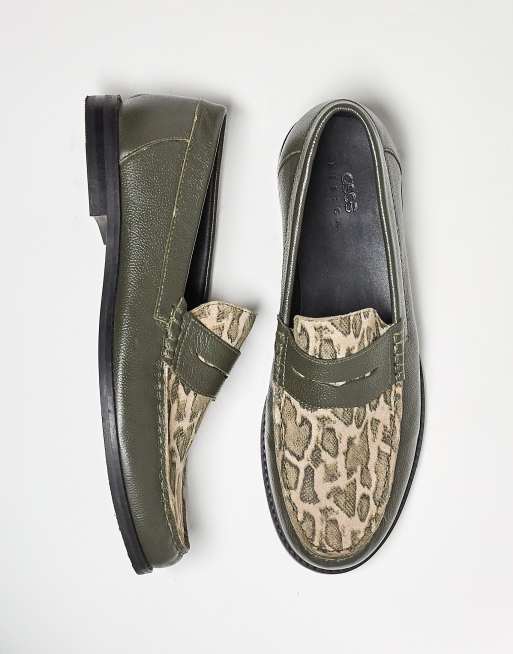 ASOS DESIGN penny loafers in khaki leather with faux snake print