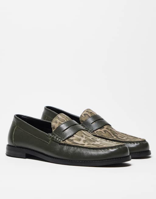 ASOS DESIGN penny loafers in khaki leather with faux snake print