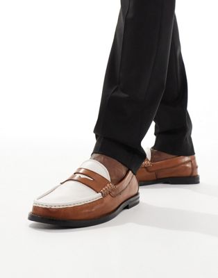 Asos Design Penny Loafers In Tan And White Leather-brown