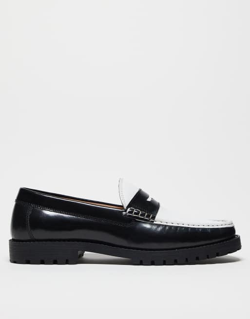 ASOS DESIGN penny loafers in textured black and white leather