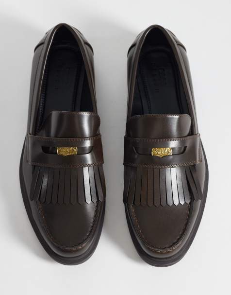 ASOS DESIGN penny loafers met franjes en muntdetail in bruin - view 1