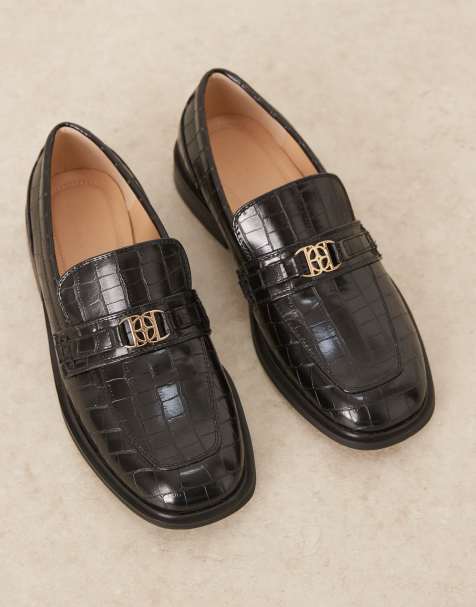 ASOS DESIGN - Penny loafers met vierkante neus en gouden hardware in zwart met krokodillenmotief - view 1