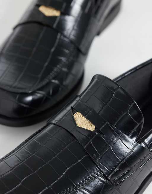 ASOS DESIGN penny loafers with coin detailing in black croc, 4 of 4